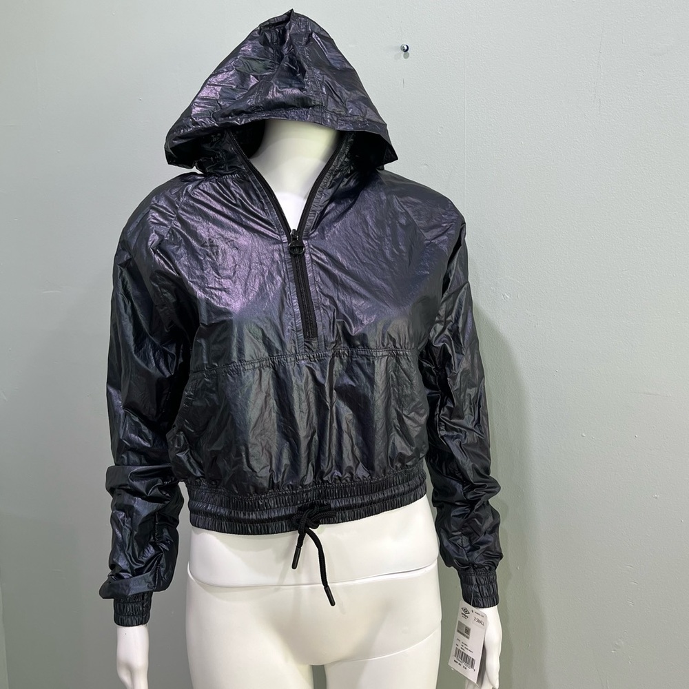 NWT UMBRO Windbreaker Light Jacket Hood Black Iridescent Crop Cropped